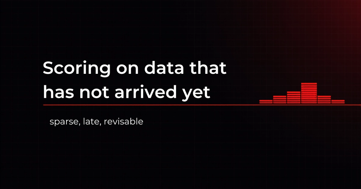 Portada oscura con el texto 'Scoring on data that has not arrived yet' sobre una retícula técnica