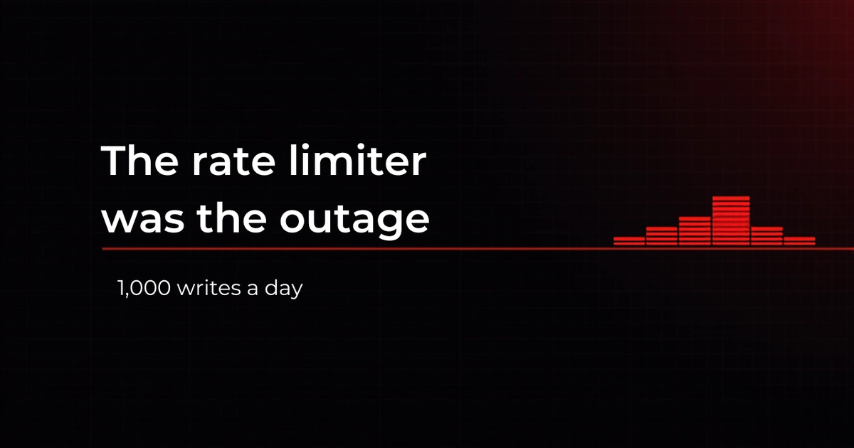 Portada oscura con el texto 'The rate limiter was the outage' junto a un medidor rojo agotándose